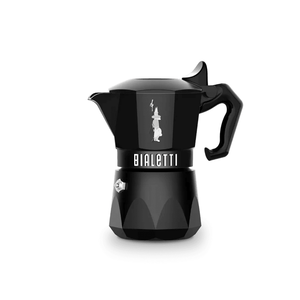 Bialetti Moka Express Exclusive coffee maker in black, Brew Italia branded, with classic stovetop design and handle.
