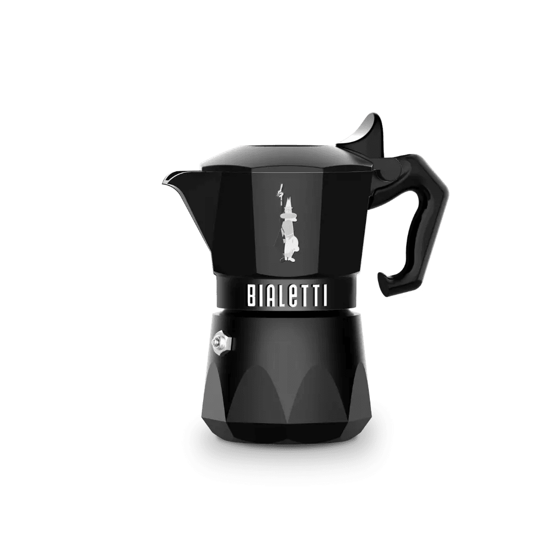Bialetti Moka Express Exclusive coffee maker in black, Brew Italia branded, with classic stovetop design and handle.