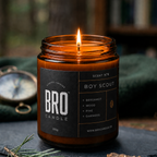 Bro Candle The Boy Scout Candle featuring a rustic design and natural wax finish, perfect for camping or outdoor-themed decor.