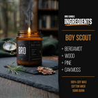 Bro Candle Boy Scout Candle featuring a detailed scout emblem and natural wax finish, ideal for camping or outdoor-themed decor.