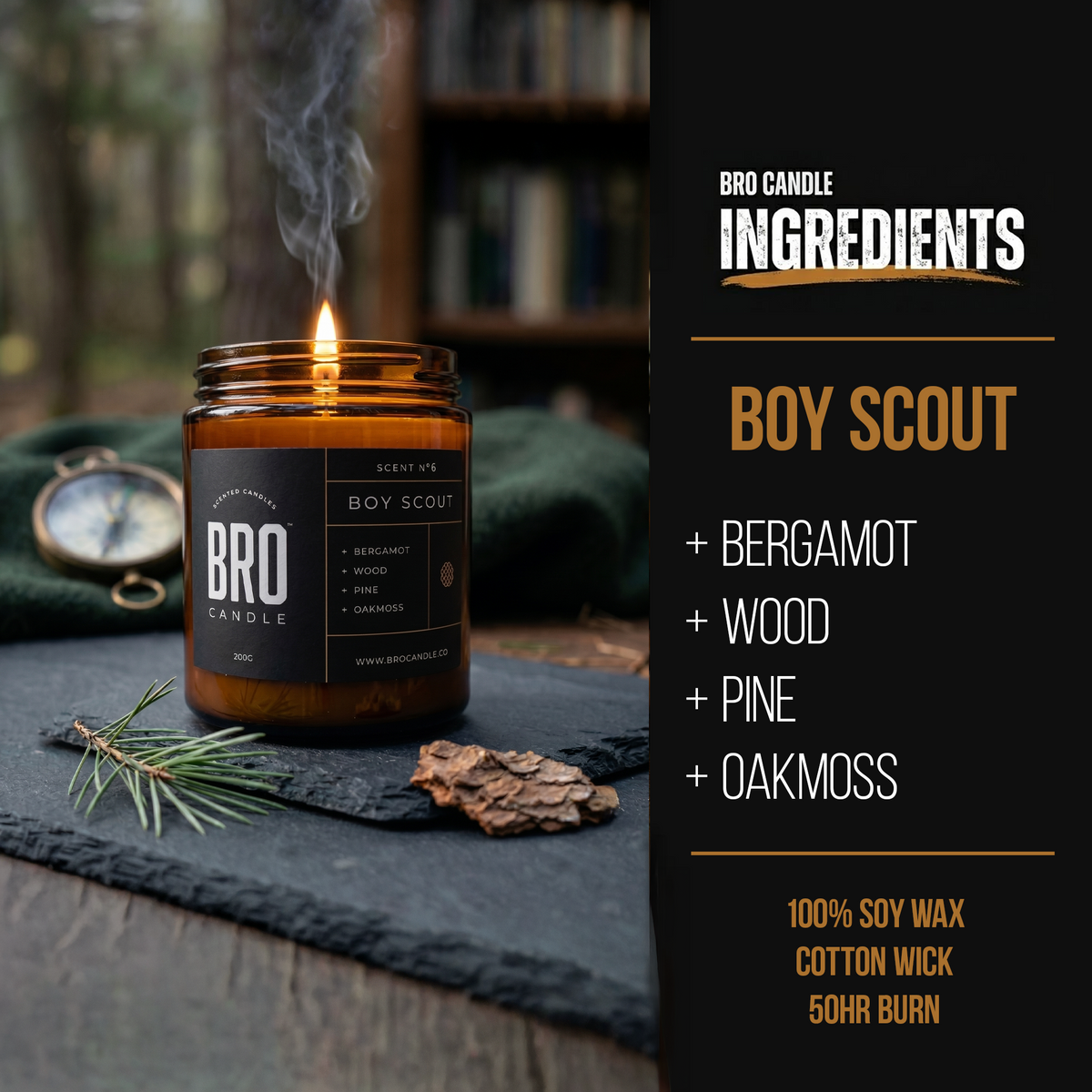 Bro Candle Boy Scout Candle featuring a detailed scout emblem and natural wax finish, ideal for camping or outdoor-themed decor.