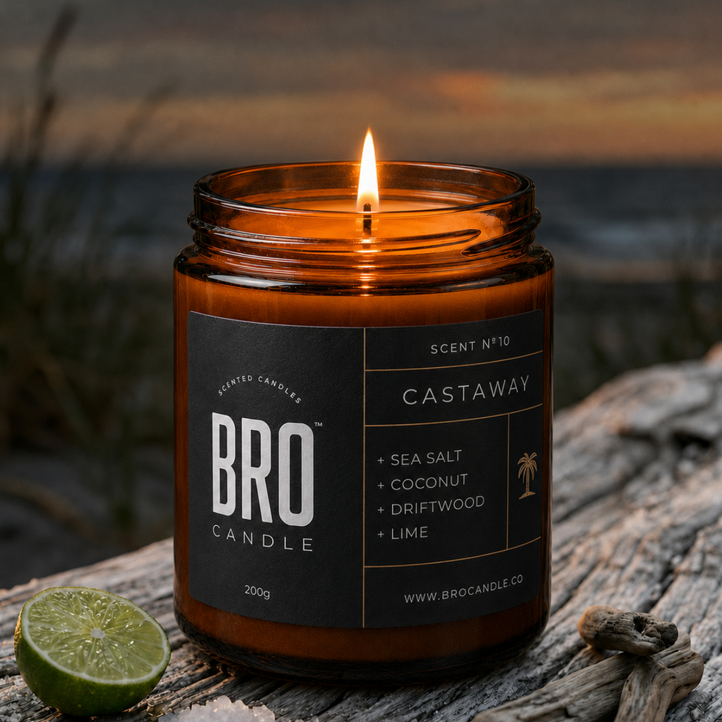 Bro Candle The Castaway Candle with a sleek glass jar and white wax, designed for a relaxing coastal-inspired ambiance.