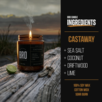 Bro Candle Castaway Candle featuring a sleek jar with a white wax finish and a minimalist label design.