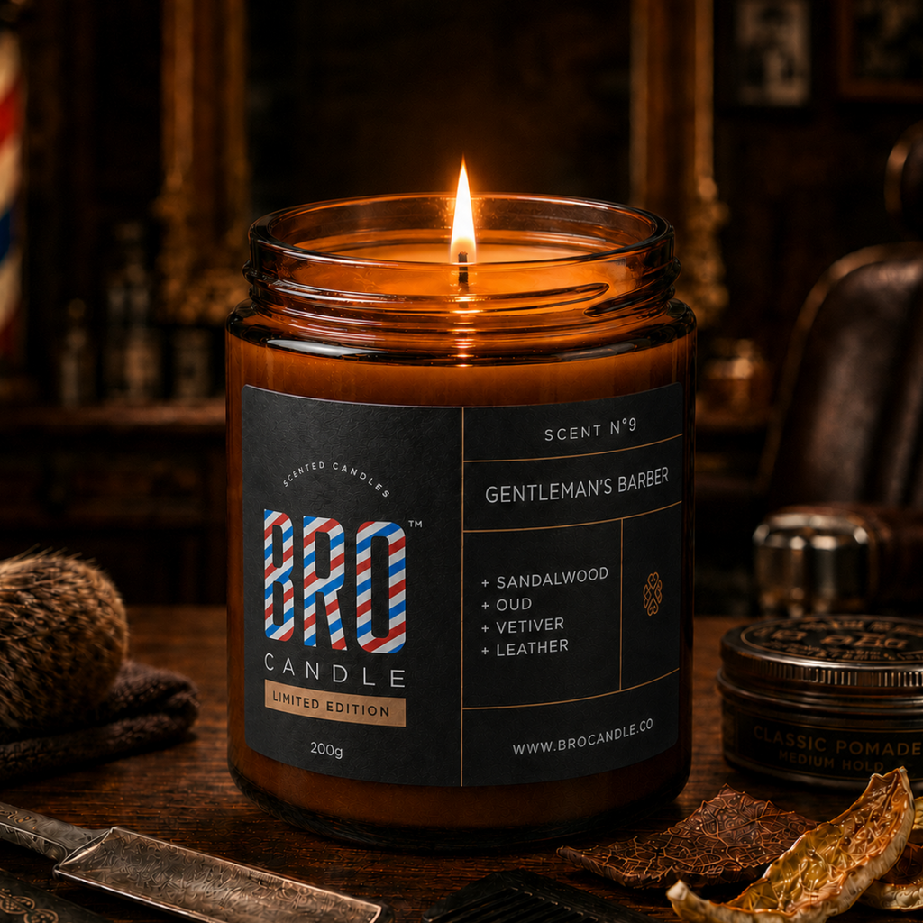 Bro Candle The Gentleman's Barber Candle with a sleek black jar and label featuring a classic barber design.