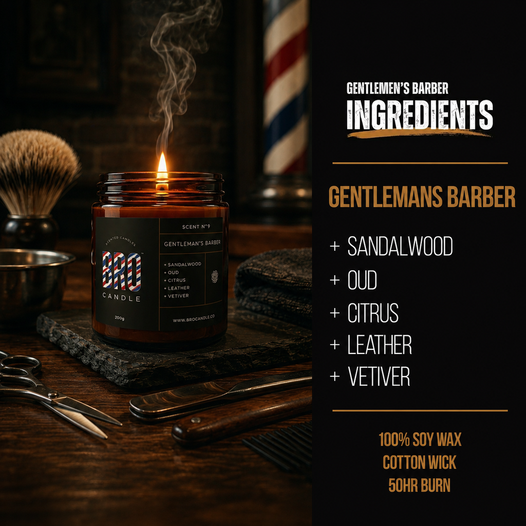 Bro Candle Gentleman's Barber Candle with a sleek jar and masculine scent, designed for a refined grooming ambiance.