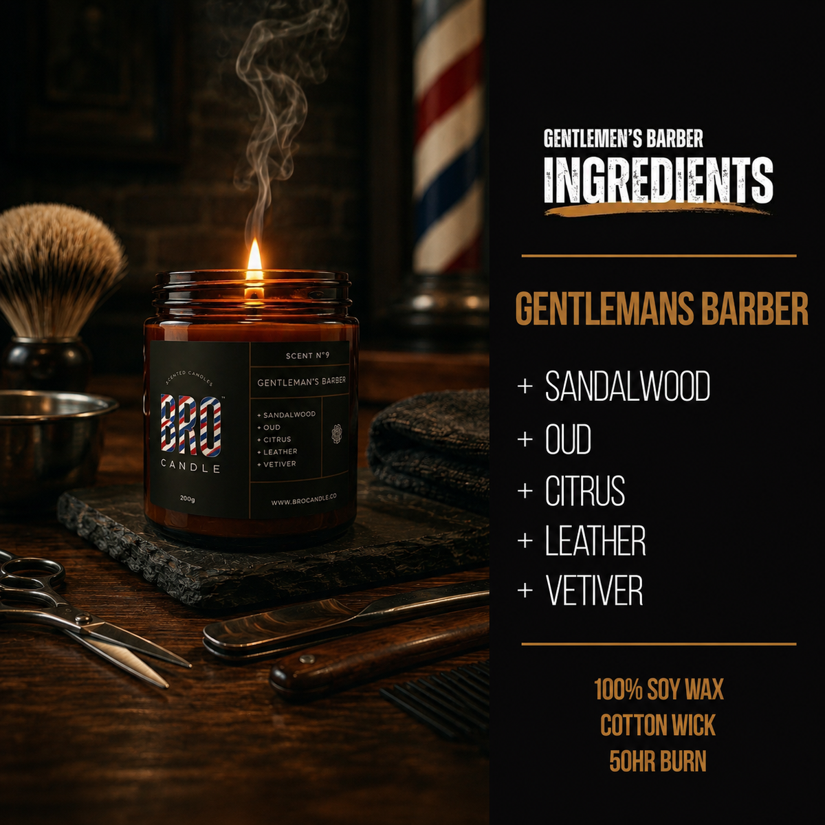 Bro Candle Gentleman's Barber Candle with a sleek jar and masculine scent, designed for a refined grooming ambiance.