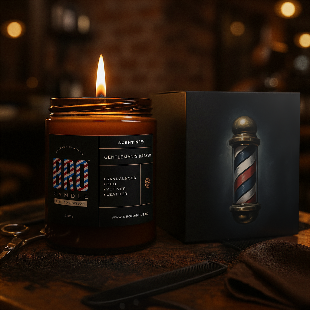 Bro Candle The Gentleman's Barber Candle with a sleek black jar and vintage barber shop label, ideal for masculine home decor.