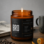 Bro Candle Morning Glory Candle with soft glowing flame and floral-inspired design, creating a calming ambiance.