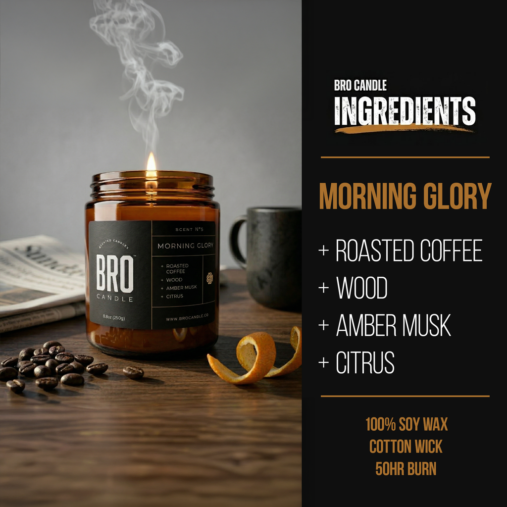 Bro Candle Morning Glory Candle with a sleek glass jar and white wax, featuring a fresh floral design and natural scent.