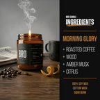 Bro Candle Morning Glory Candle with a sleek glass jar and white wax, featuring a fresh floral design and natural scent.