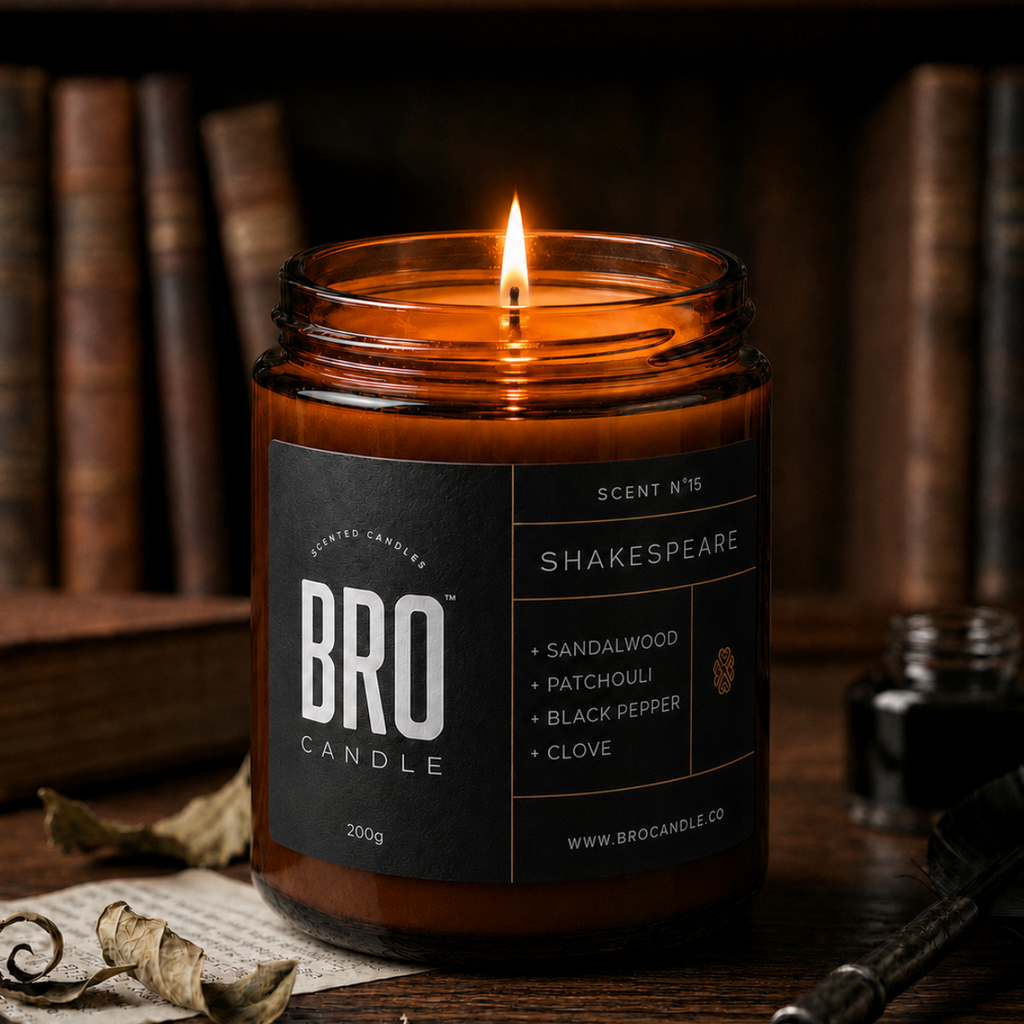 Bro Candle Shakespeare Candle featuring a decorative candle with a classic literary design and elegant packaging.