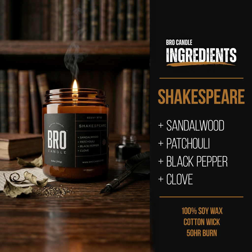 Bro Candle Shakespeare Candle with elegant glass jar and label, featuring a classic literary-inspired design for a cozy ambiance.