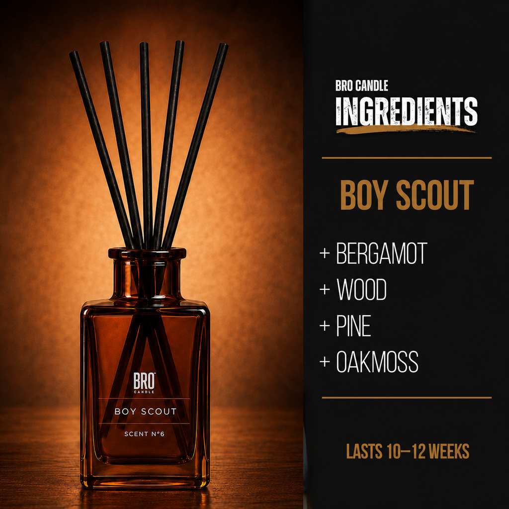 Bro Candle Boy Scout Reed Diffuser with a decorative glass bottle and natural reed sticks for home fragrance.