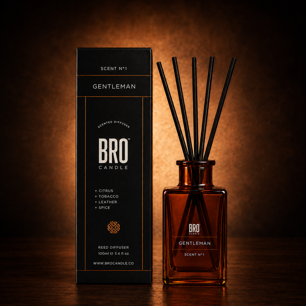 Bro Candle Gentleman Reed Diffuser with elegant glass bottle and reed sticks, designed to add a sophisticated scent to any room.
