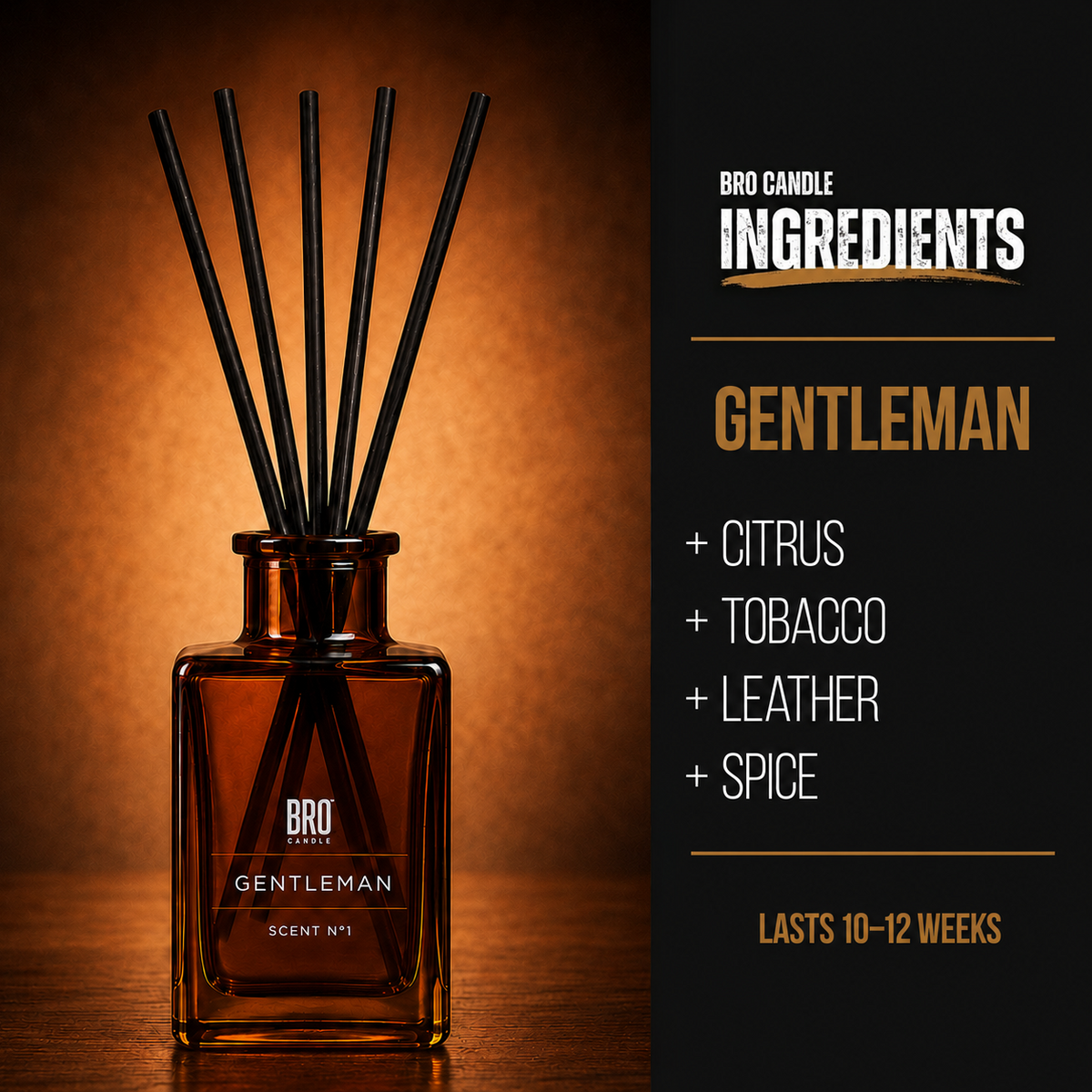 Bro Candle Gentleman Reed Diffuser with elegant glass bottle and reed sticks for subtle, long-lasting home fragrance.
