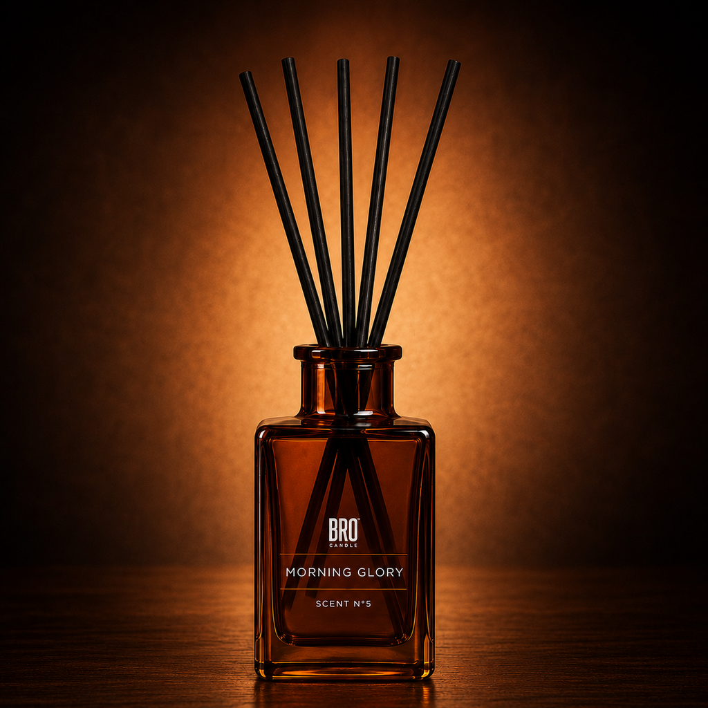 Bro Candle Morning Glory Reed Diffuser with decorative reeds and elegant glass bottle for continuous fragrance.