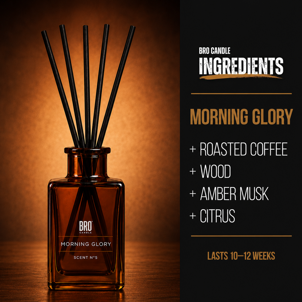 Bro Candle Morning Glory Reed Diffuser with elegant glass bottle and natural reed sticks for home fragrance.