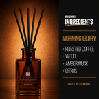 Bro Candle Morning Glory Reed Diffuser with elegant glass bottle and natural reed sticks for home fragrance.