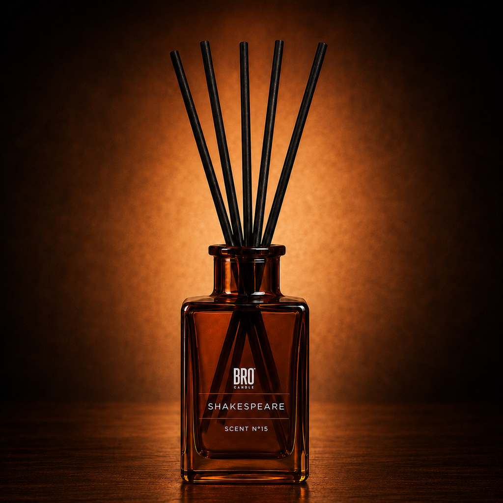 Bro Candle Shakespeare Reed Diffuser with elegant glass bottle and natural reed sticks for home fragrance.