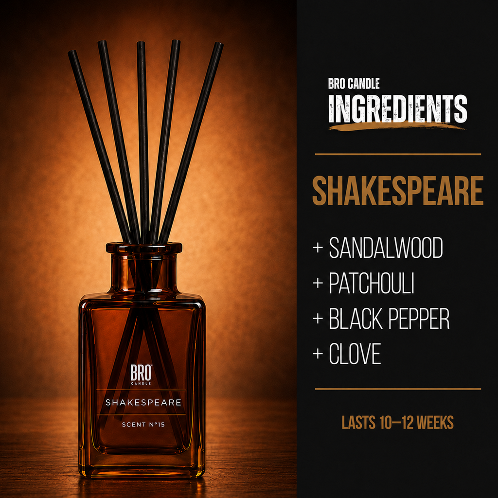 Bro Candle Shakespeare Reed Diffuser with elegant glass bottle and reed sticks for natural home fragrance.