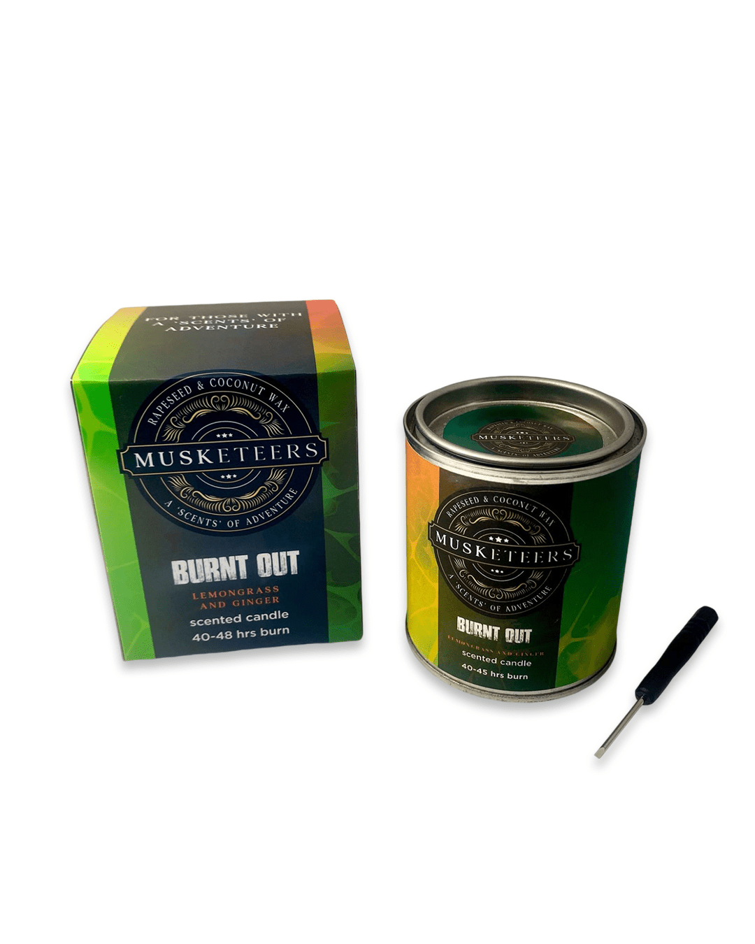 Musketeers Burnt Out lemongrass and ginger luxury candle with a sleek glass jar, evoking fresh spa and relaxing ambiance.