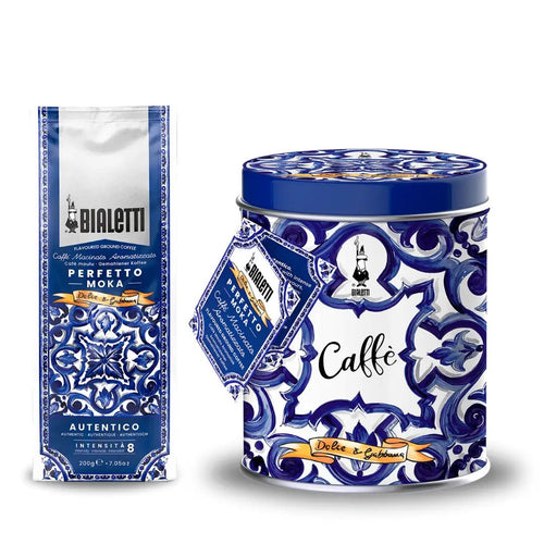 Bialetti Brew Italia Blu Mediterraneo ground coffee for moka, 250g package with vibrant blue design and coffee beans.