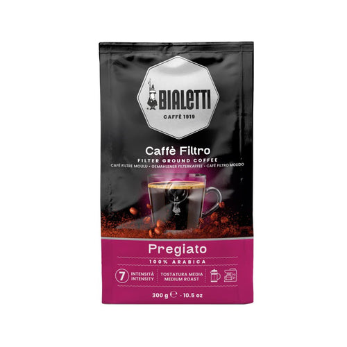 Brew Italia Bialetti Classico Cafetiere ground coffee in a 300g package, showcasing the coffee grounds in the bag.