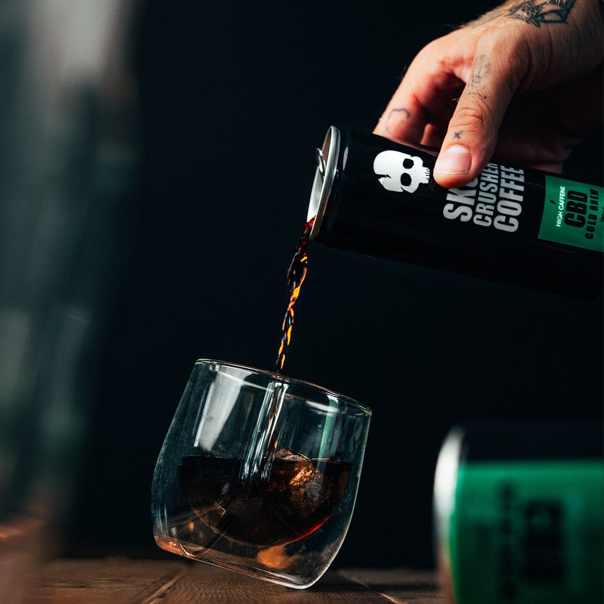 Skull Crusher Coffee infused cold brew coffee can, 250ml, with CBD, showcasing the sleek black can and branding.