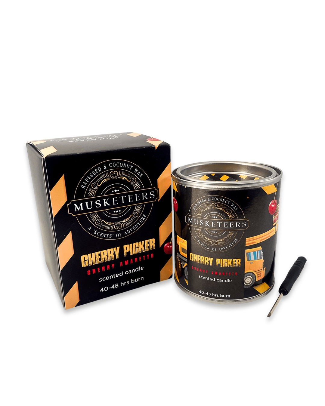 Cherry Amaretto Candle by Musketeers featuring a vibrant red cherry design and a cozy, inviting candle wick.