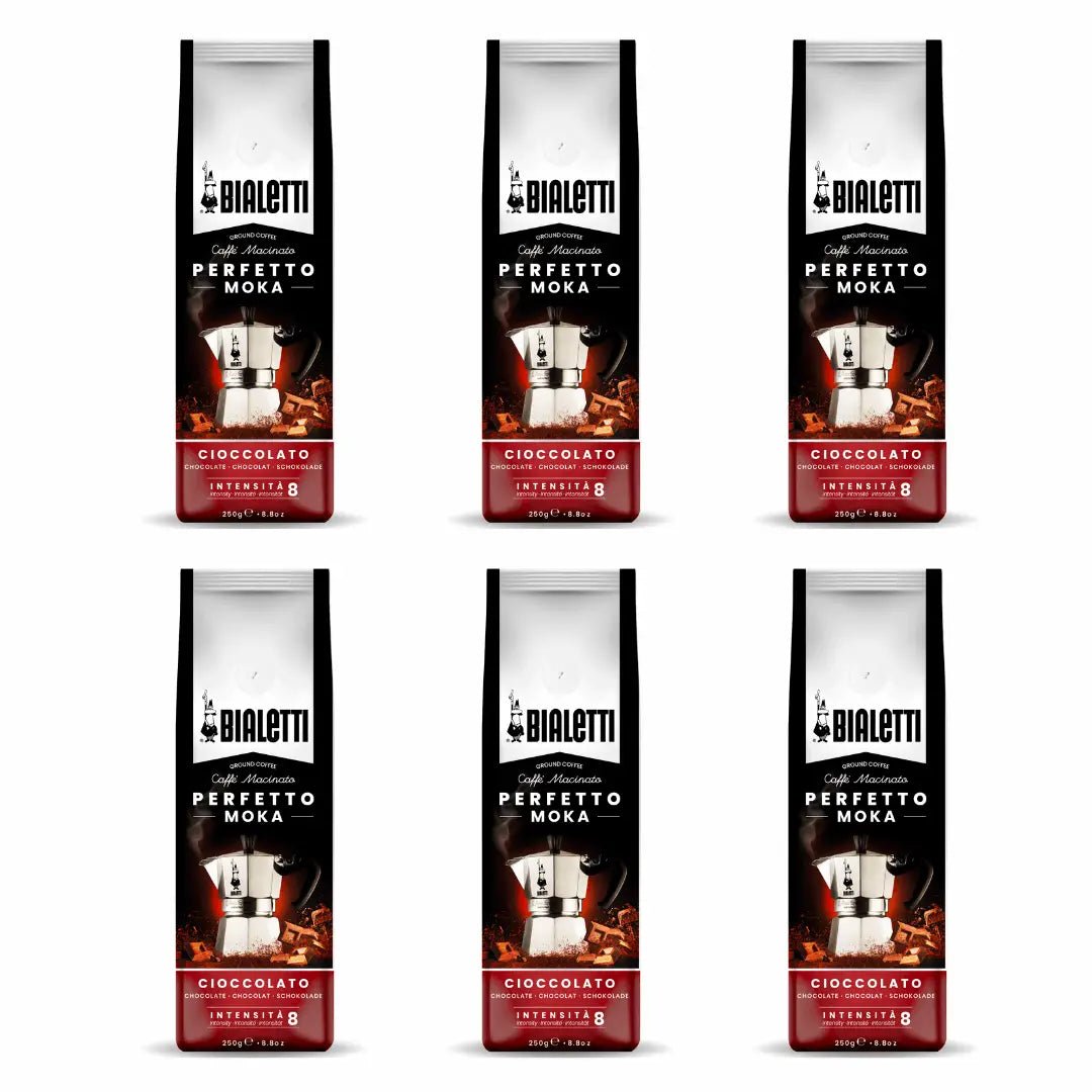 Ground Italian coffee for Moka, in a bag with Bialetti Perfetto Moka Stovetop Coffee branding, suitable for brewing espresso-style coffee.