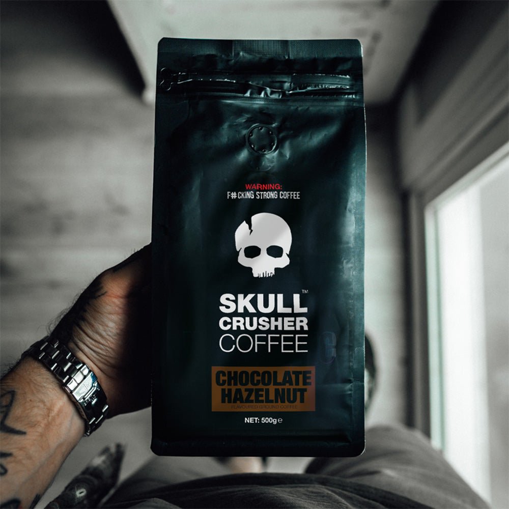 Skull Crusher Coffee Chocolate Hazelnut flavor in a bag, showing the packaging and branding for the Skull Crusher Coffee product.