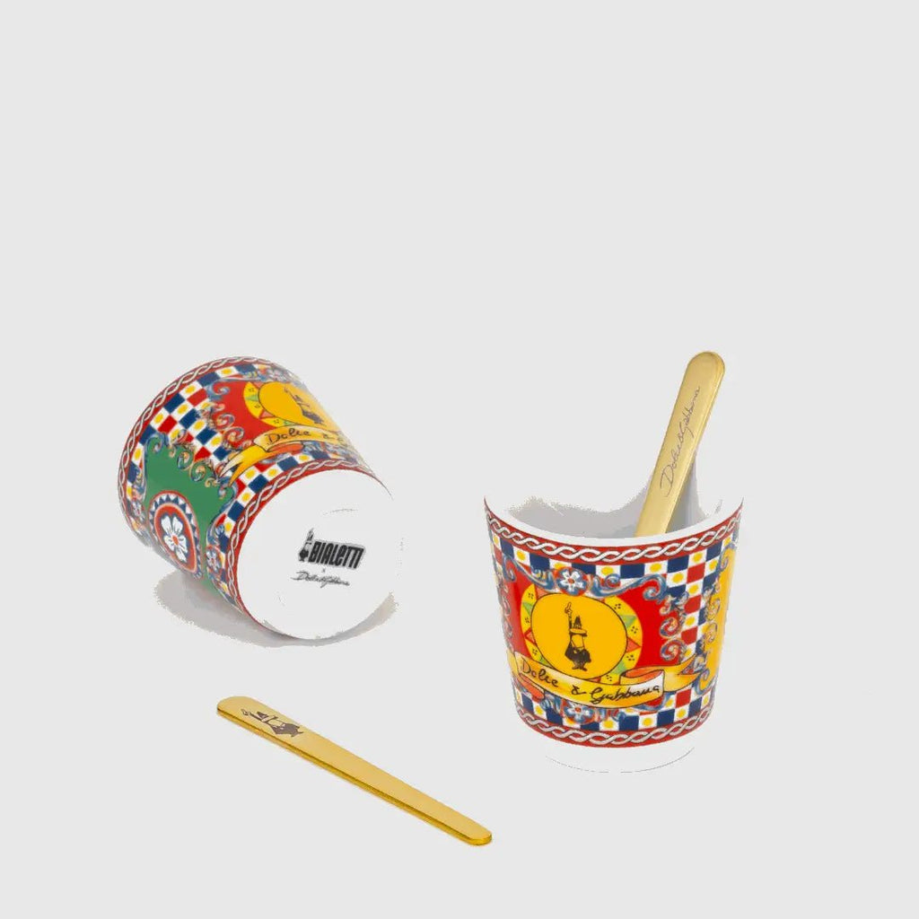 Bialetti Brew Italia Sicilian Cart gift set with two 2-cup moka pots, gold stirrers, perfect for coffee lovers.