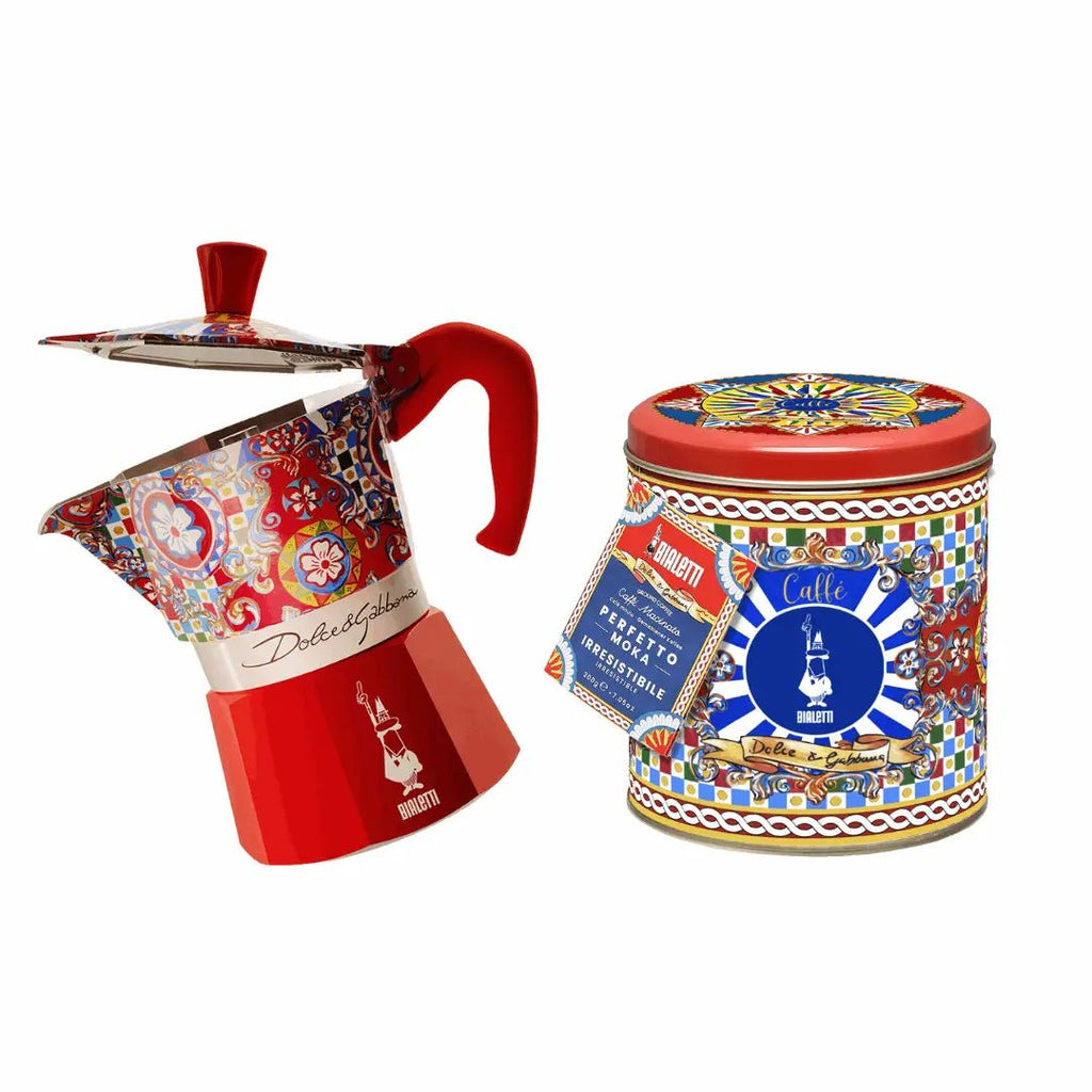 Bialetti Brew Italia Sicilian Cart gift set with 3-cup moka coffee pot and coffee beans, perfect for coffee lovers.