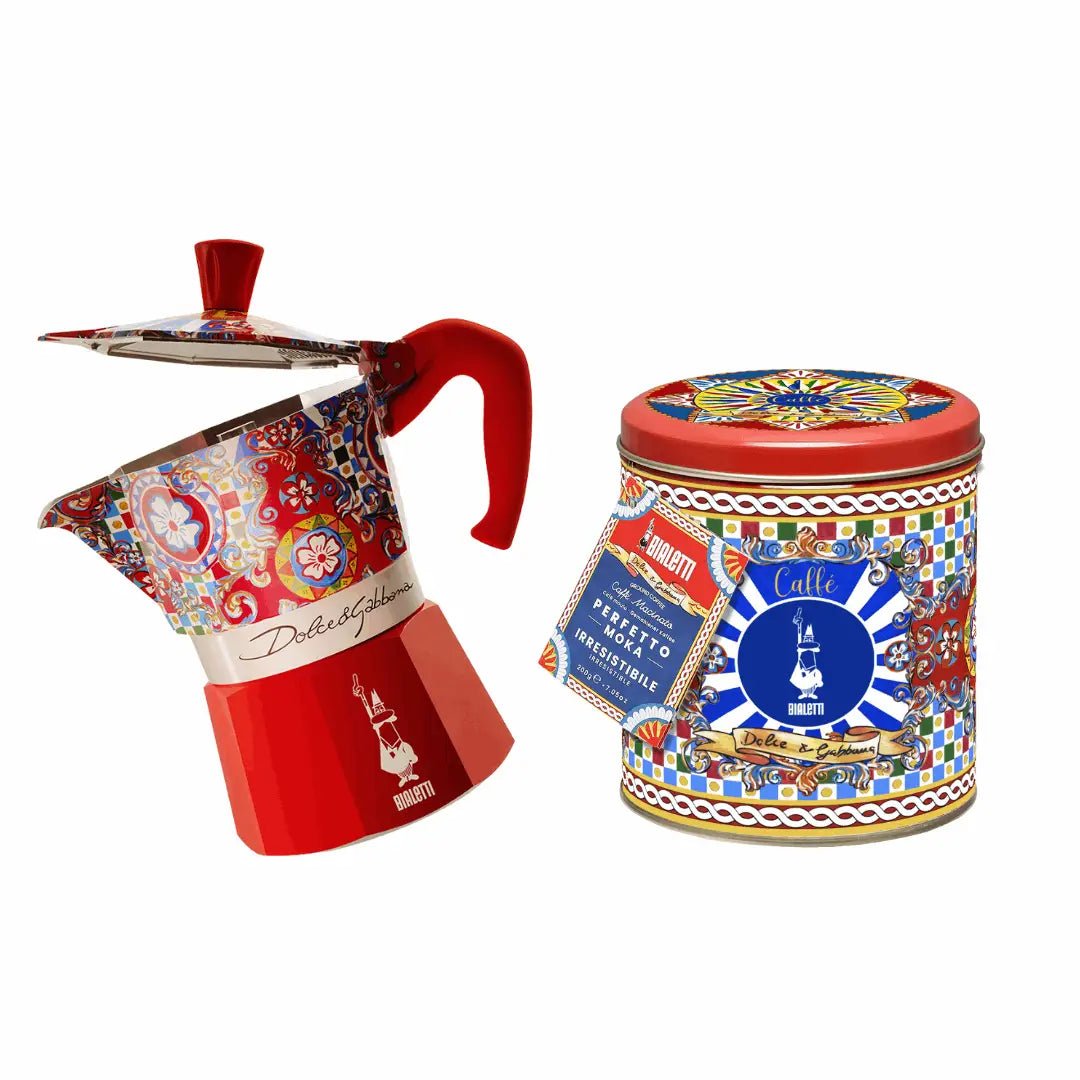 Bialetti Brew Italia Sicilian Cart gift set with 3-cup moka coffee pot and coffee beans, perfect for coffee lovers.