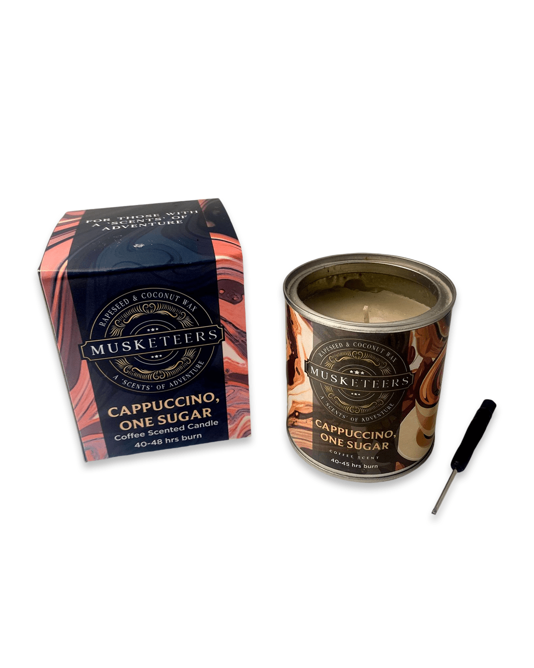 Musketeers coffee candle shaped like a cappuccino with 1 sugar, featuring realistic coffee cup details and a warm, inviting design.