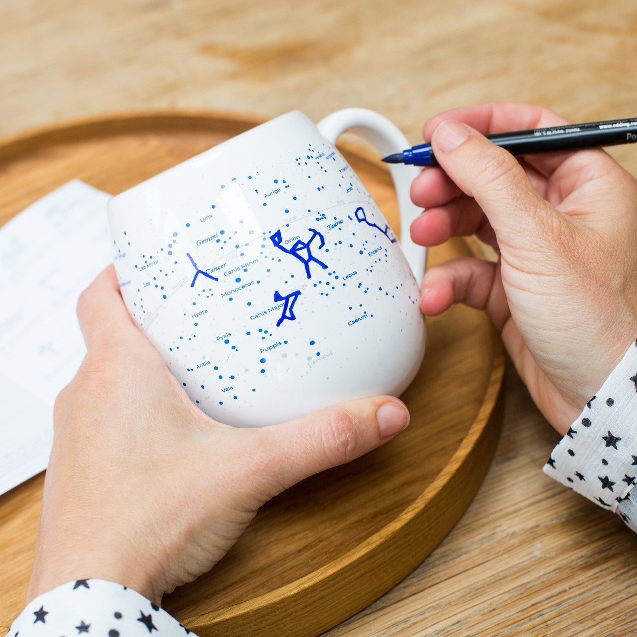 Trouvaille Stargazing Colour-In Mug with ceramic pen, featuring a starry sky design ready to be personalized with coloring.