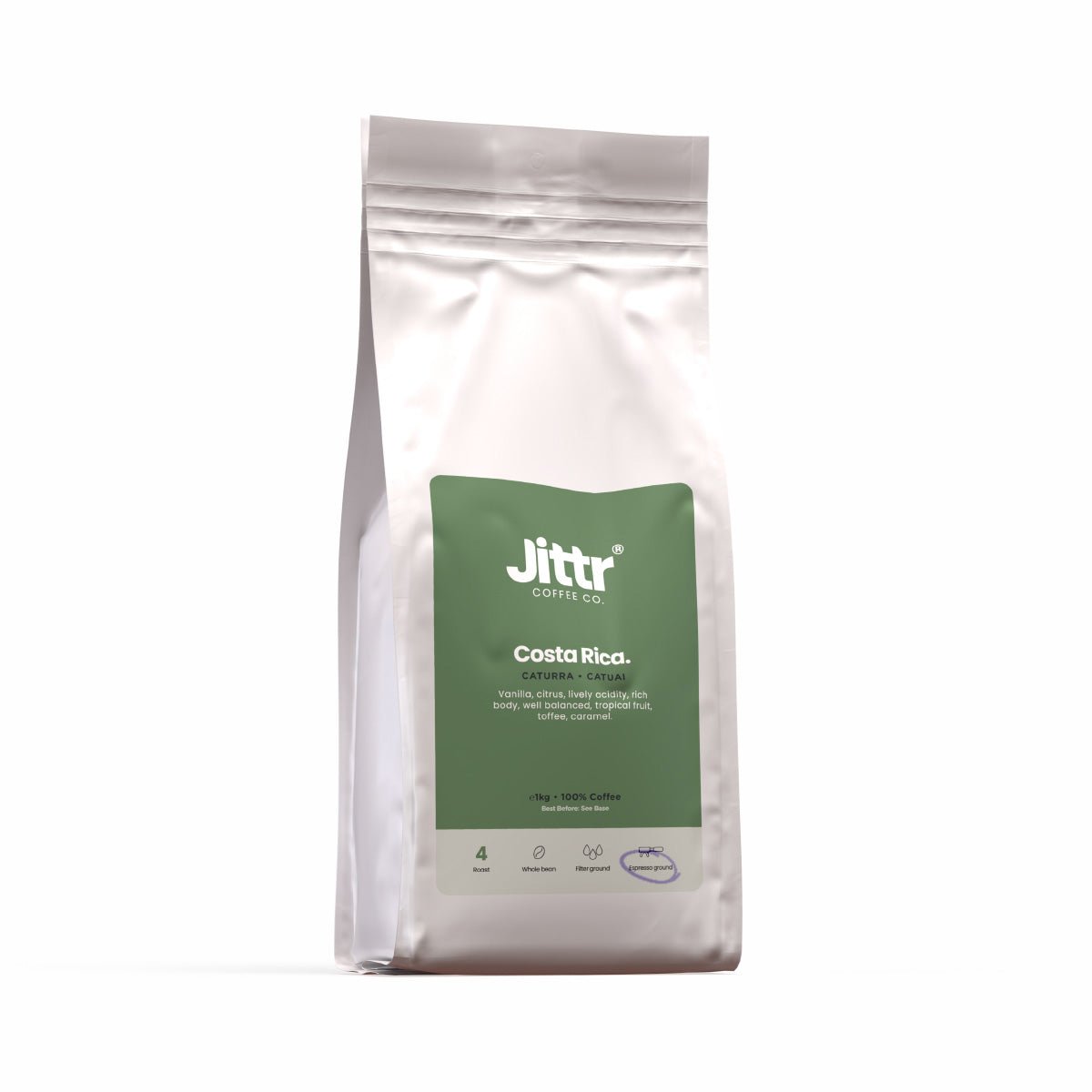 Jittr Coffee Co Costa Rica single origin coffee bag, 1kg, showcasing fresh roasted beans in a natural setting.