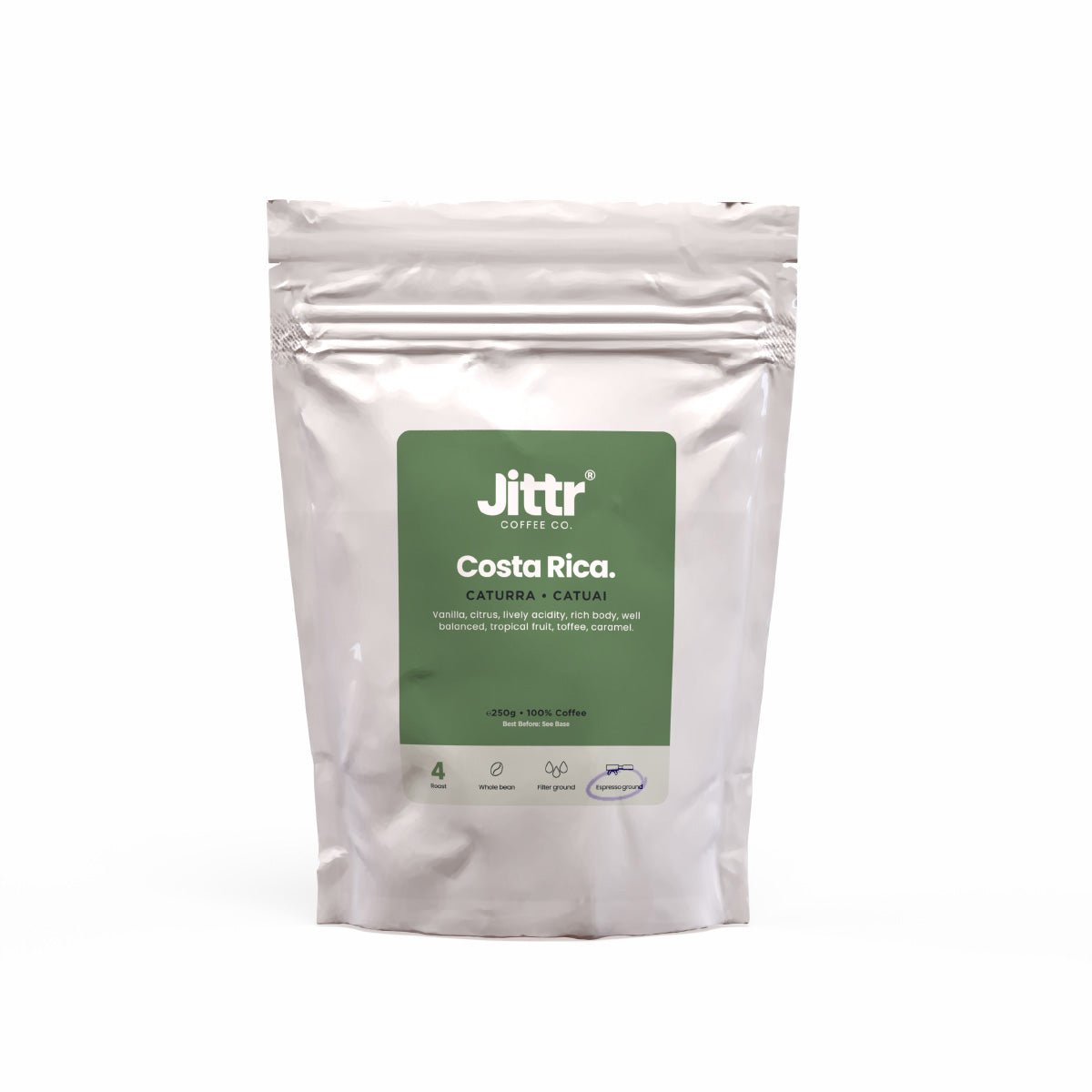 Jittr Coffee Co Costa Rica Single Origin coffee bag, 250g, featuring a label with tropical coffee farm imagery.