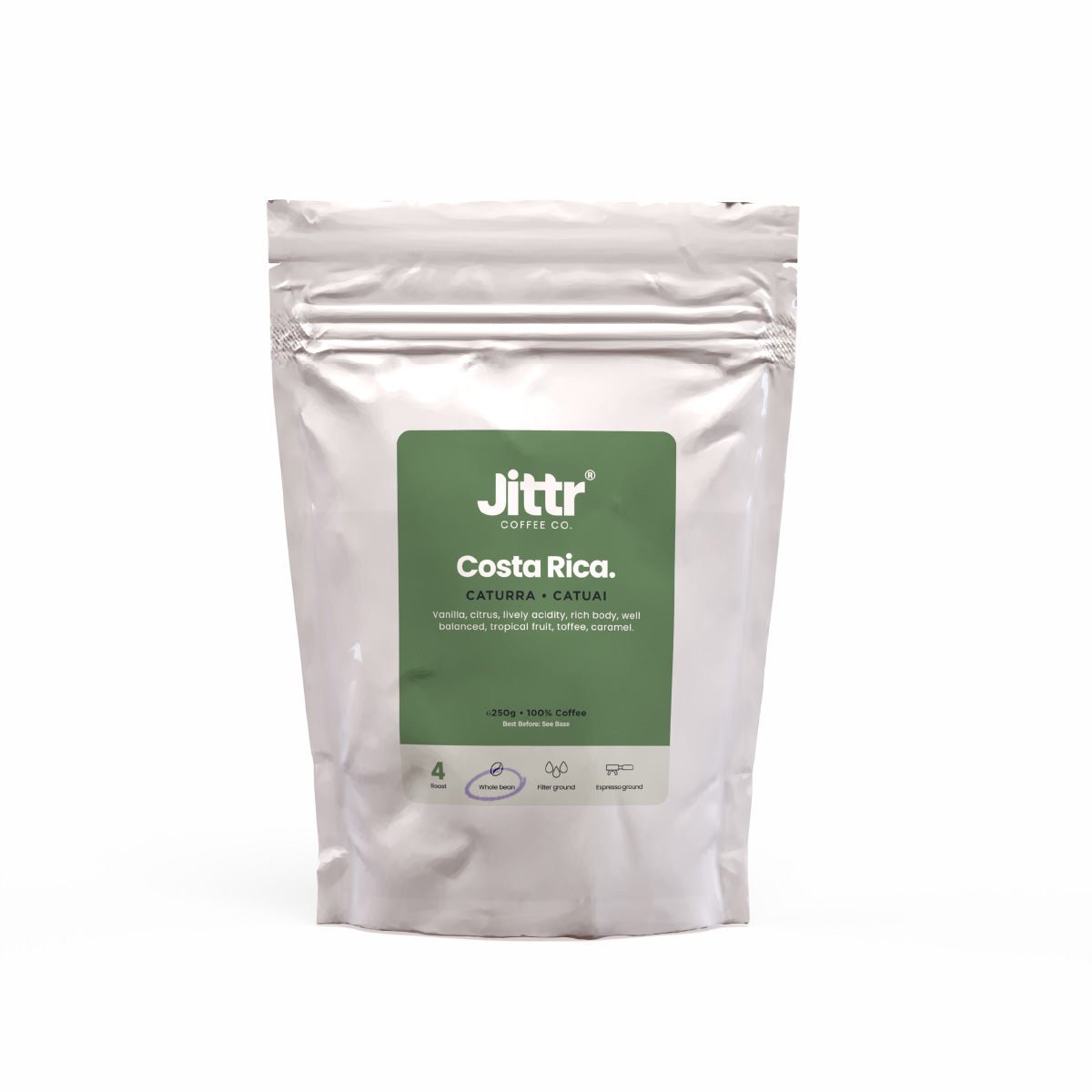 Costa Rica Single Origin coffee beans from Jittr Coffee Co, showcasing a bag of roasted Costa Rican coffee for brewing.