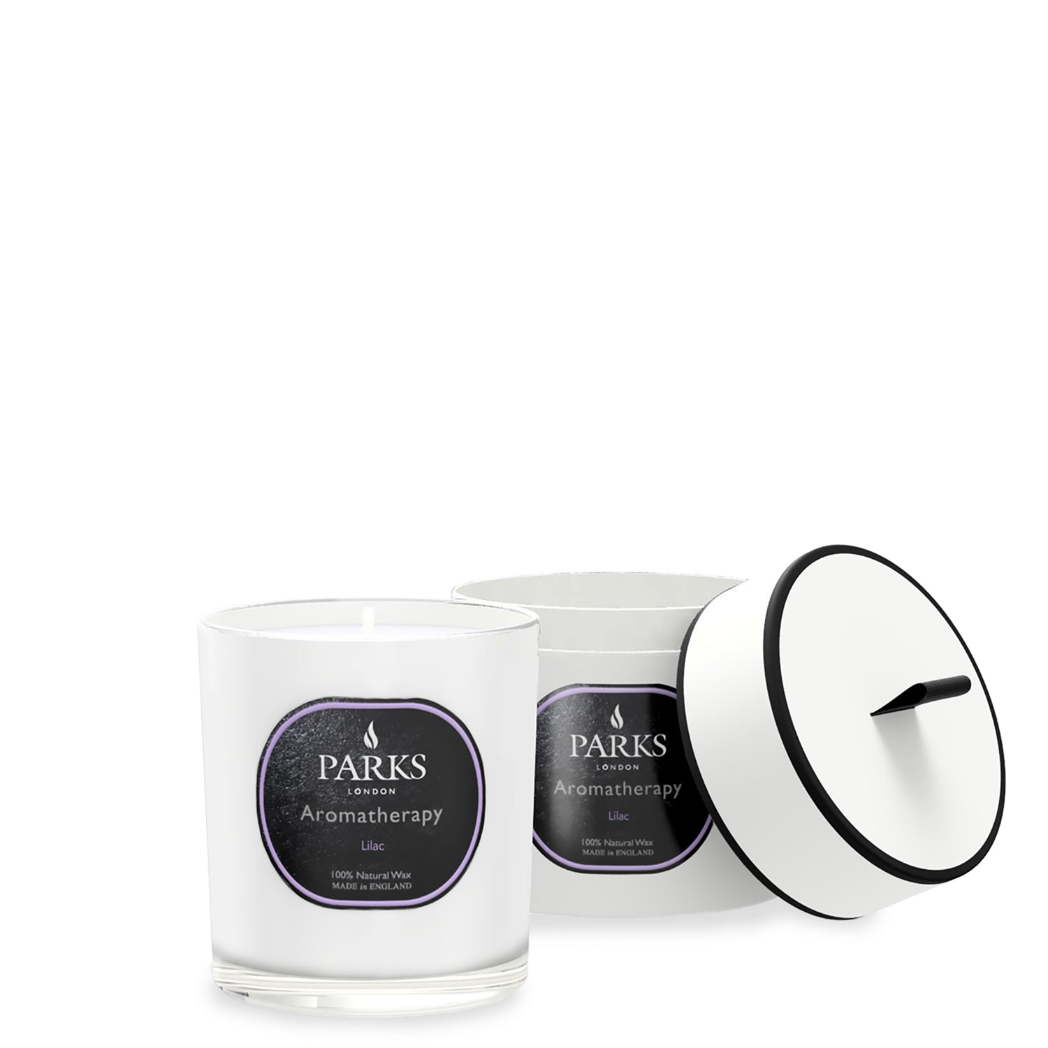 Parks Candles lilac scented candle in a 220g glass jar with a soft purple hue, perfect for home decor and relaxing ambiance.