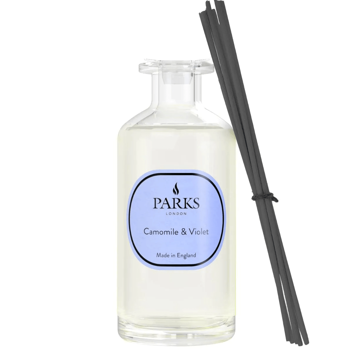 Parks Candles Camomile Violet & Orris reed diffuser with 220ml glass bottle and reed sticks for home fragrance.