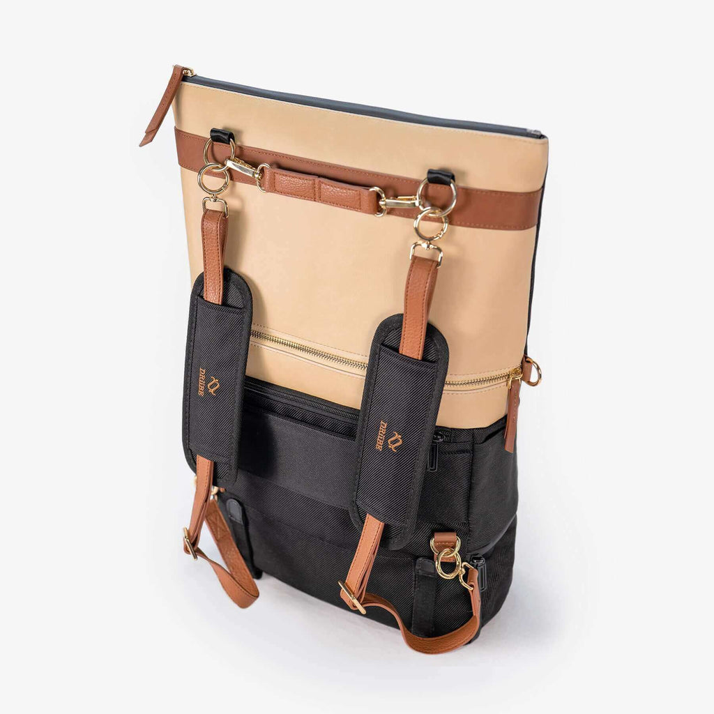 DRiiBE Dakota 3-in-1 convertible backpack purse in sand, showing the stylish backpack with adjustable straps and multiple compartments.
