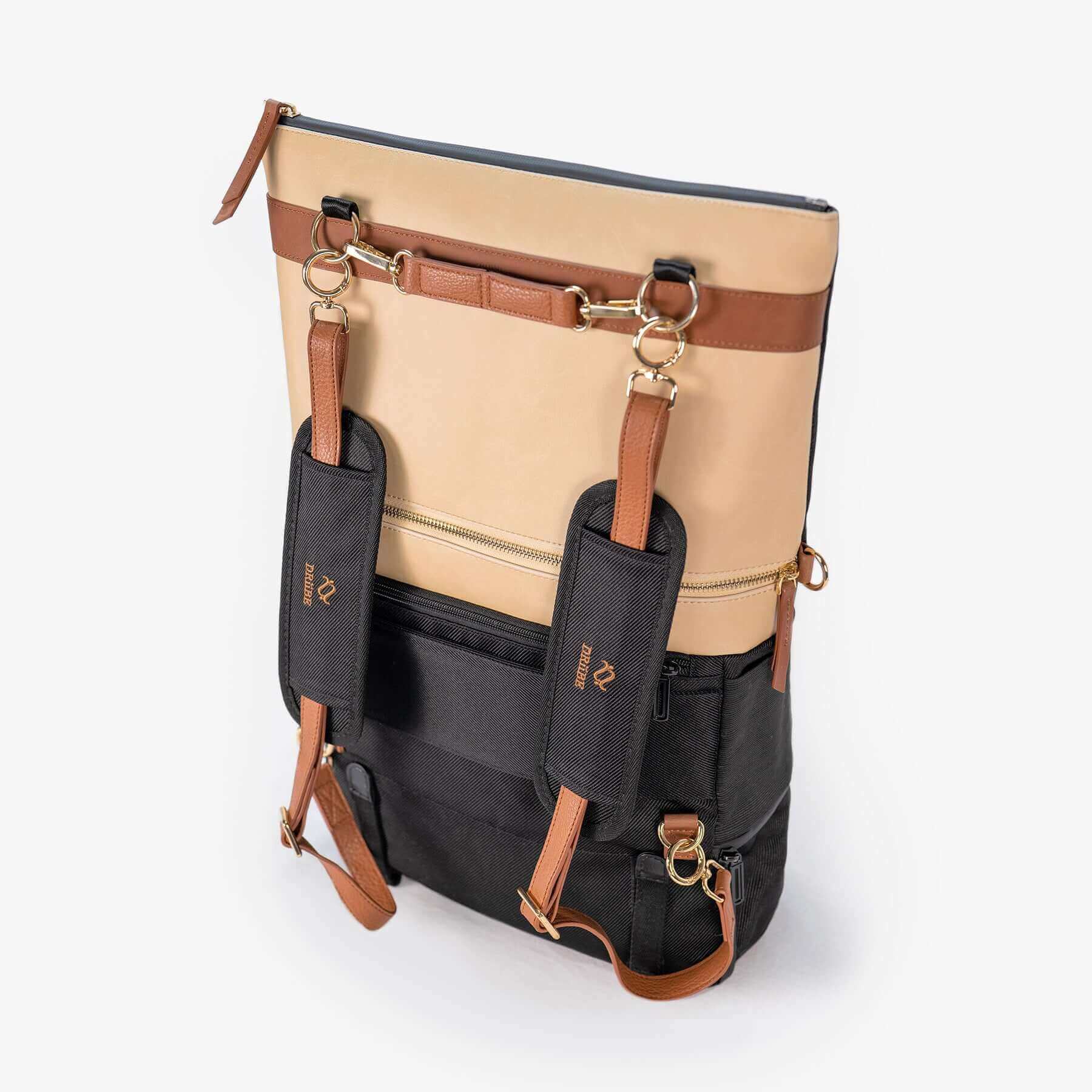 DRiiBE Dakota 3-in-1 convertible backpack purse in sand, showing the stylish backpack with adjustable straps and multiple compartments.