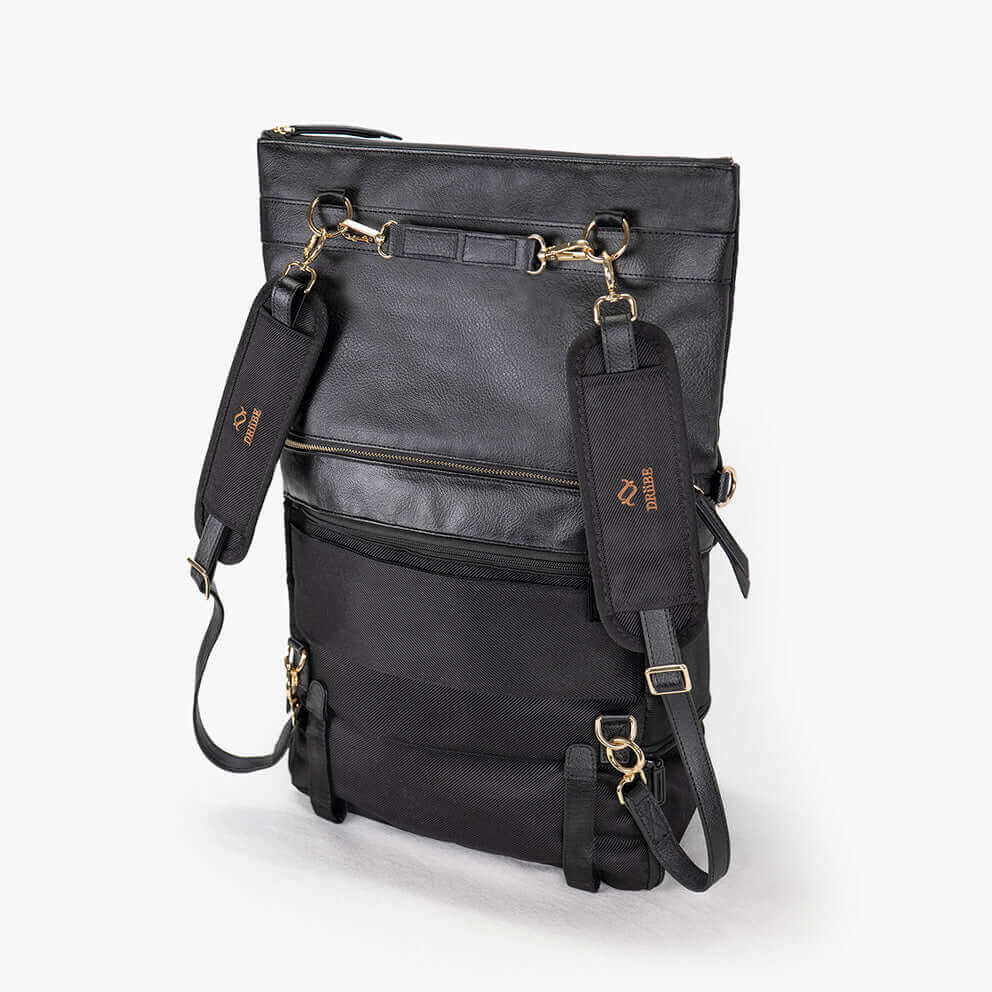 Black DRiiBE Dakota 3-in-1 convertible backpack purse with multiple straps and compartments, showing its sleek, versatile design.