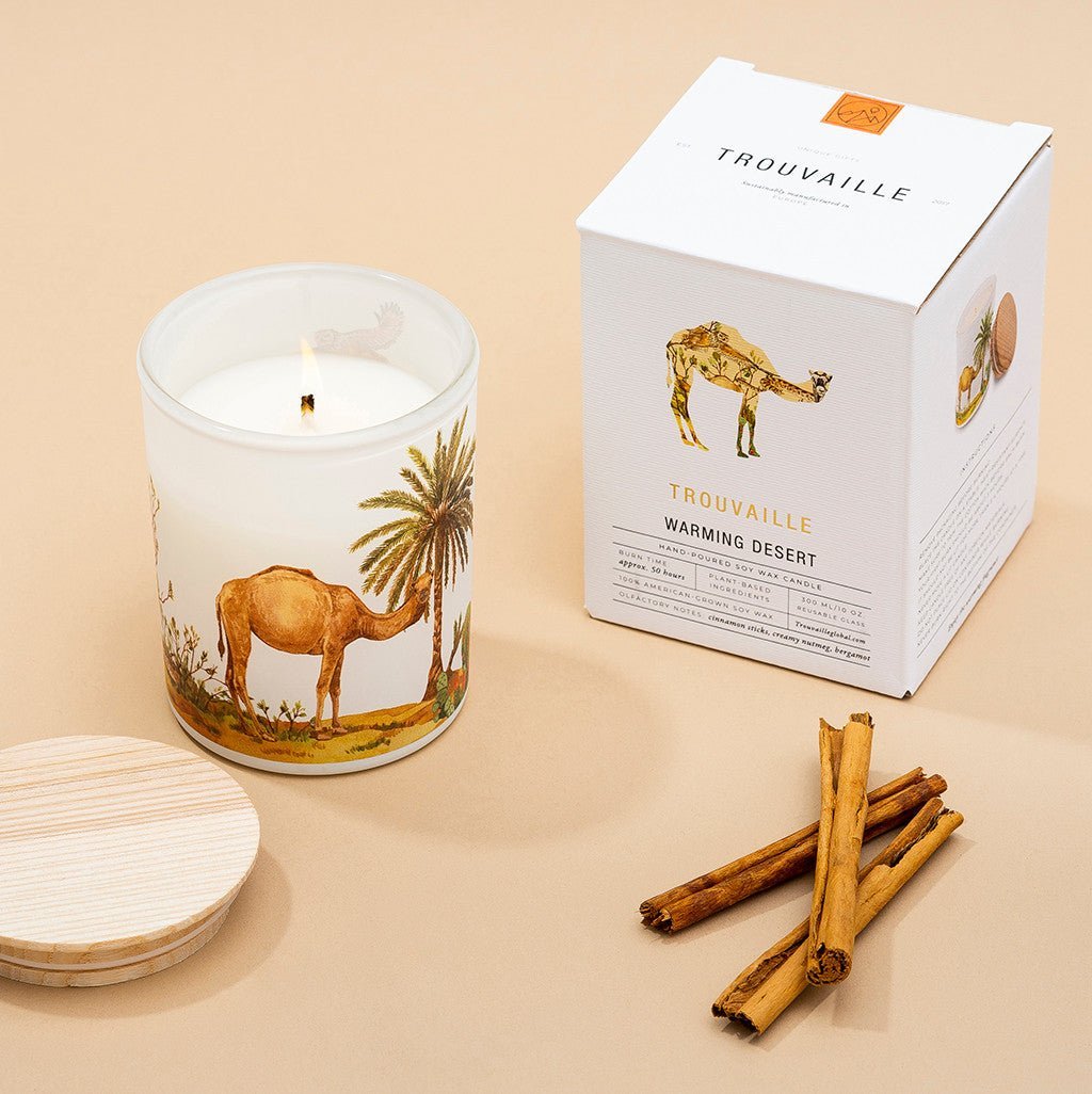Trouvaille Desert Soy Scented Candle with warming cinnamon and bergamot, shown with packaging in a desert biome setting