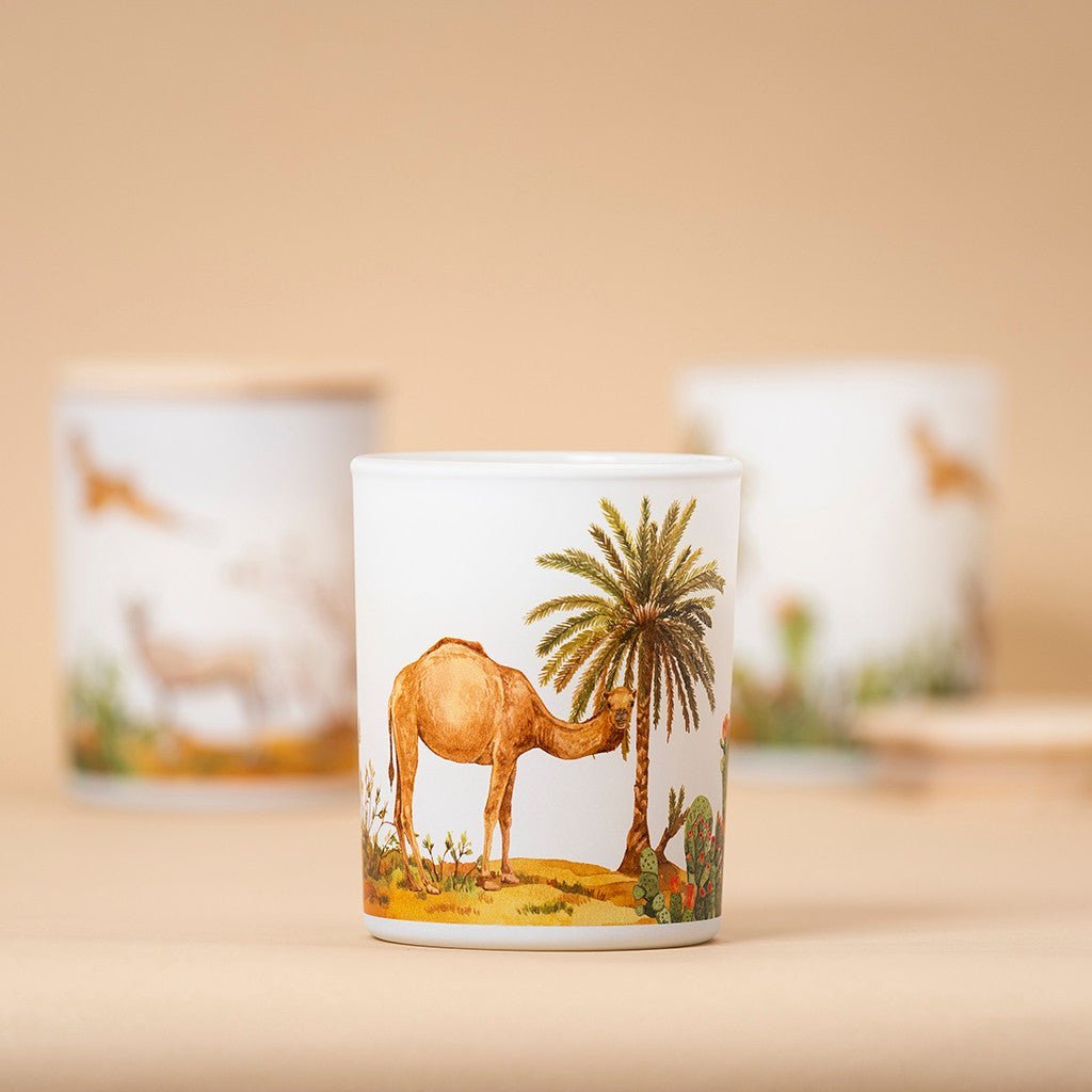 Trouvaille Desert Soy Scented Candle with warming cinnamon and bergamot, showing a lit candle in a desert-themed holder.
