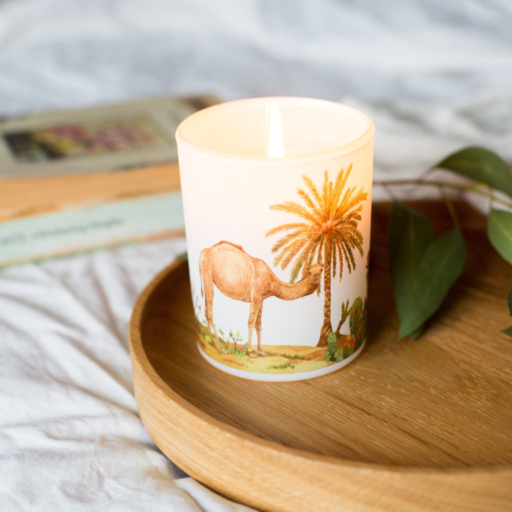 Desert Soy Scented Candle by Trouvaille with warm cinnamon and bergamot, featuring a desert-inspired nature design for home decor.