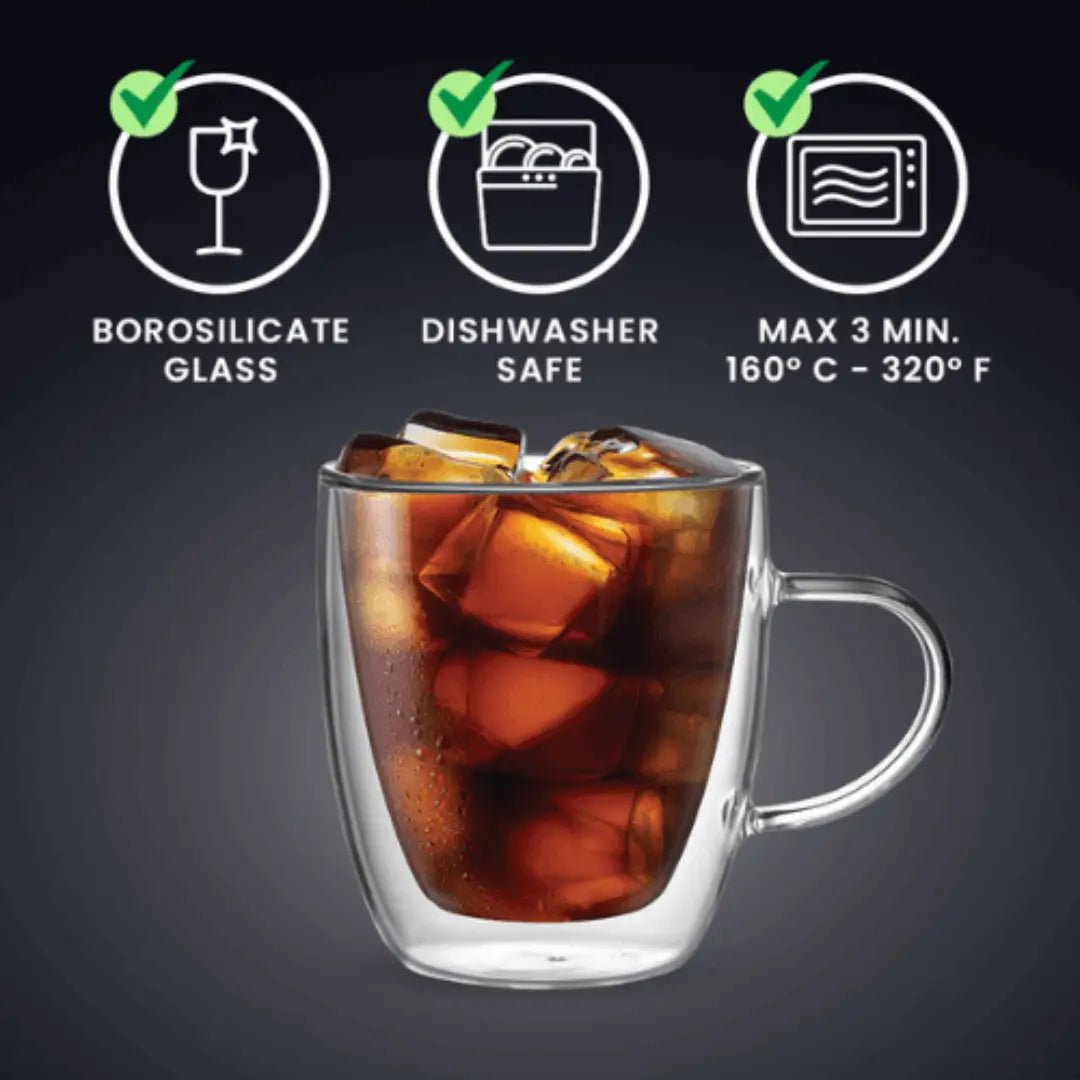 Bialetti Brew Italia Capri double-walled glass mugs set of 2, 350ml, dishwasher-safe, showcasing clear, insulated design