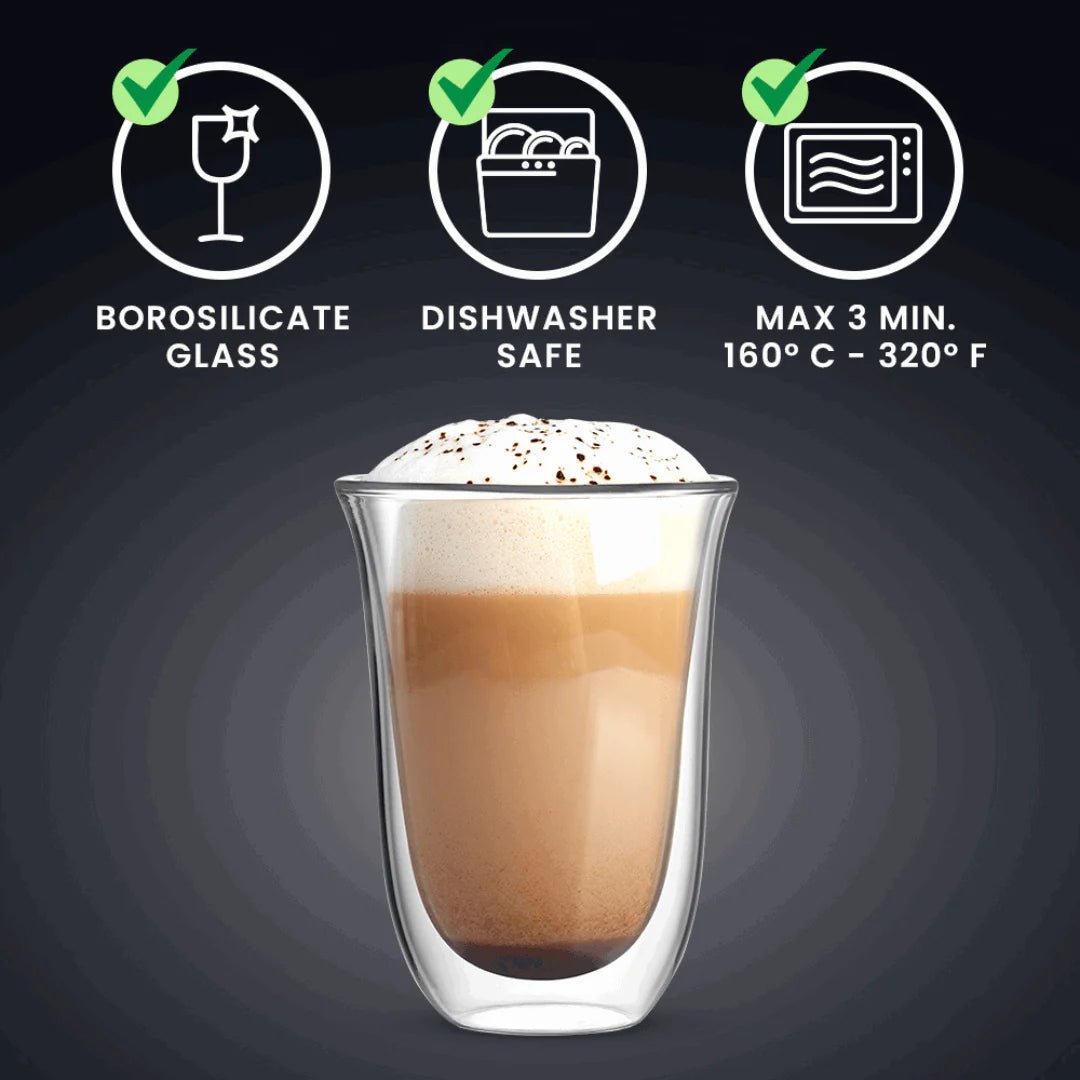 Two Brew Italia Firenze double-walled glass tumblers, dishwasher-safe latte glasses with clear insulation, shown side by side.