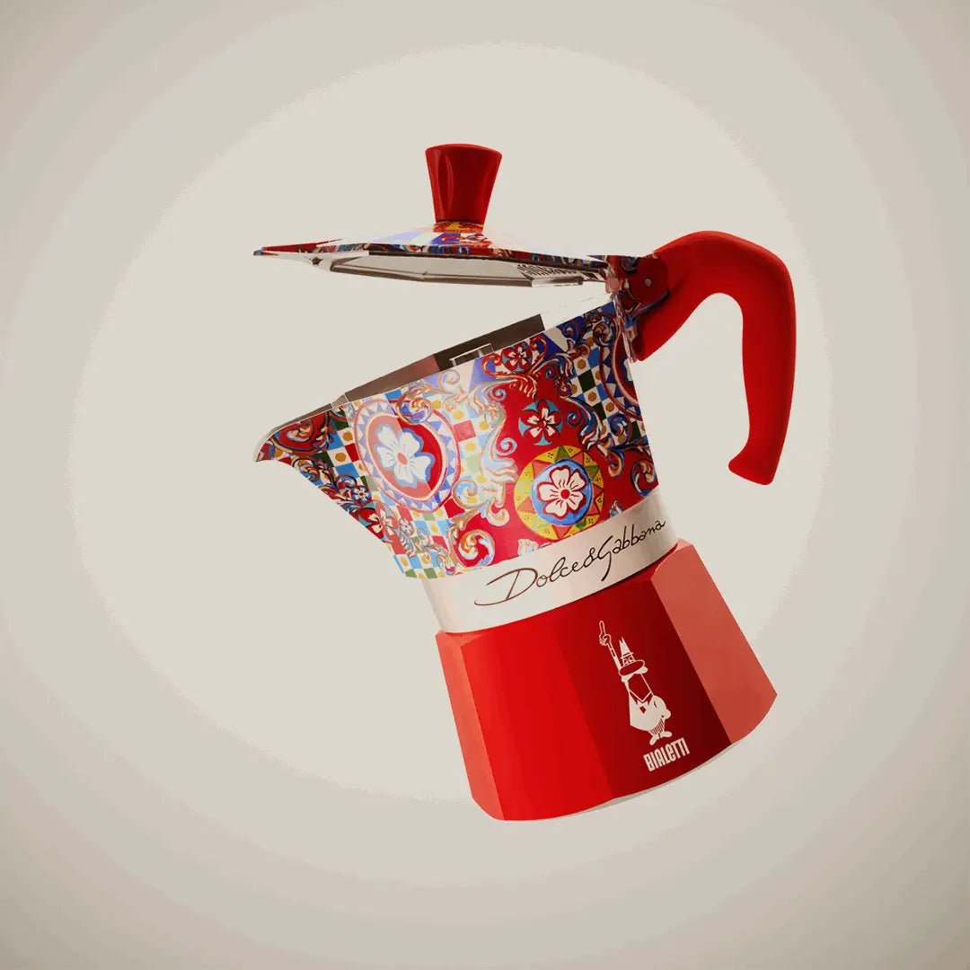 Bialetti Sicilian Cart Moka Express coffee maker with Dolce&Gabbana design, 3-cup size, featuring intricate colorful patterns.